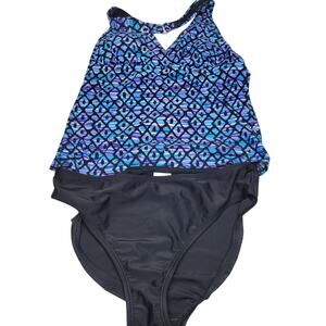 NEW WOMENS SIZE 12 SPEEDO HALTER TANKINI 2 PIECE SET SWIMSUIT SUIT BLUE/BLACK